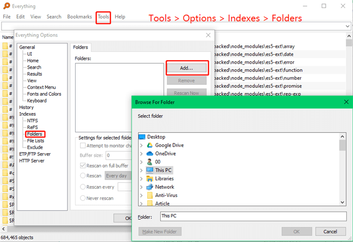 Add mapped drive to Everything